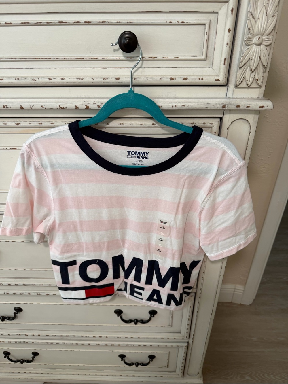 Tommy Hilfiger Pink & White Striped Crop Tee with Navy Logo